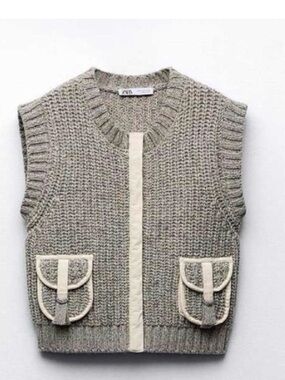 Zara  Knit cargo Vest in Light Gray with Cream Trim